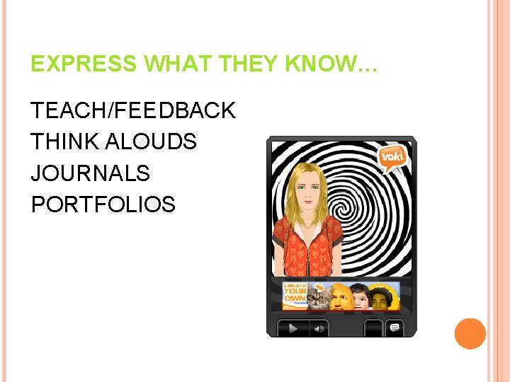 EXPRESS WHAT THEY KNOW… TEACH/FEEDBACK THINK ALOUDS JOURNALS PORTFOLIOS 