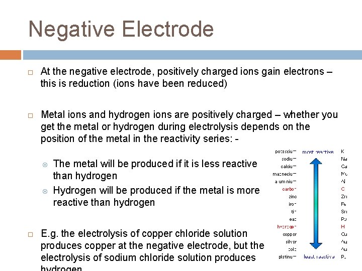 Negative Electrode At the negative electrode, positively charged ions gain electrons – this is