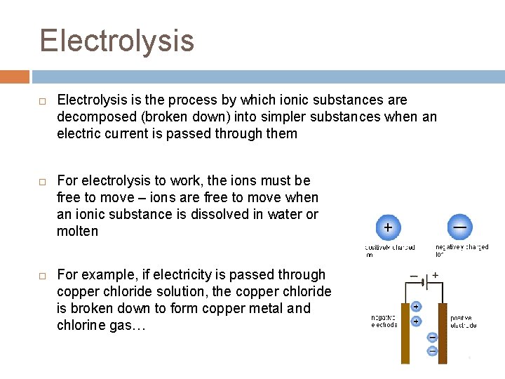 Electrolysis Electrolysis is the process by which ionic substances are decomposed (broken down) into