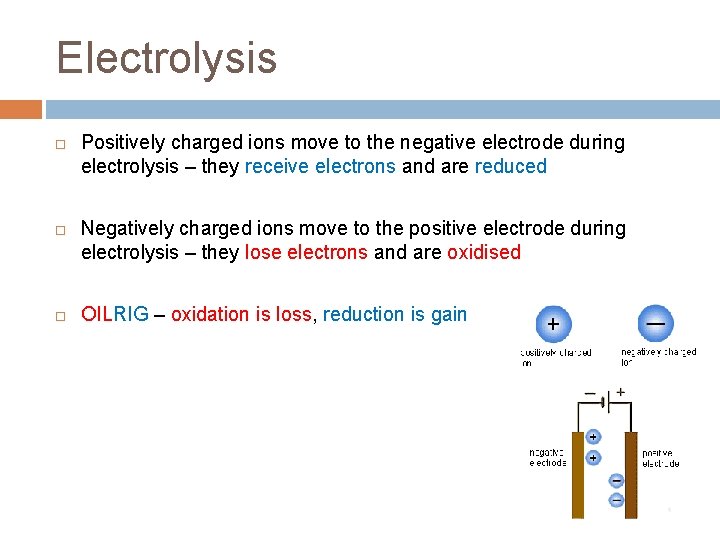 Electrolysis Positively charged ions move to the negative electrode during electrolysis – they receive