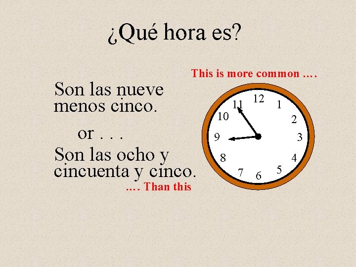¿Qué hora es? This is more common …. Son las nueve menos cinco. or.