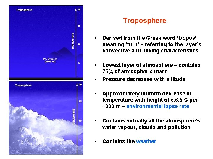 Troposphere • Derived from the Greek word ‘tropos’ meaning ‘turn’ – referring to the