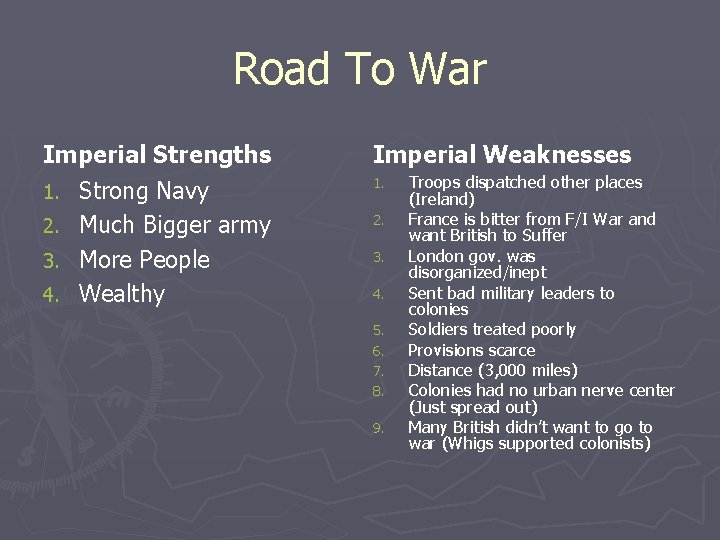 Road To War Imperial Strengths 1. Strong Navy 2. Much Bigger army 3. More