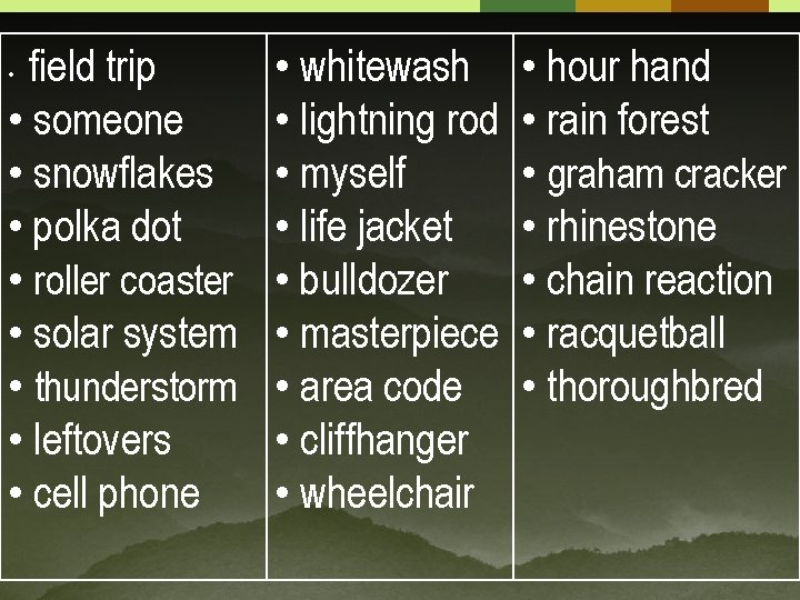 field trip • someone • snowflakes • polka dot • roller coaster • solar