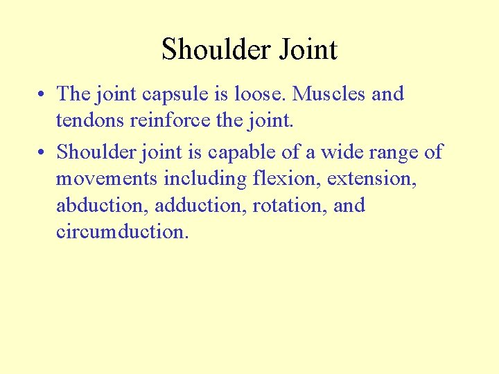 Shoulder Joint • The joint capsule is loose. Muscles and tendons reinforce the joint.