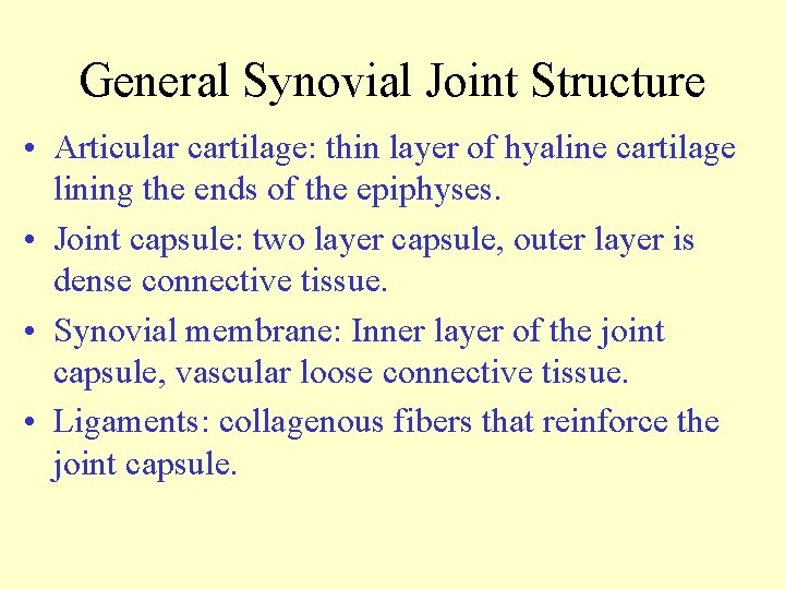 General Synovial Joint Structure • Articular cartilage: thin layer of hyaline cartilage lining the