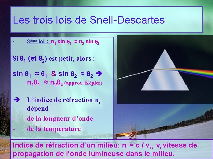 Les trois lois de Snell-Descartes • 3ème loi : n 1 sin 1 =