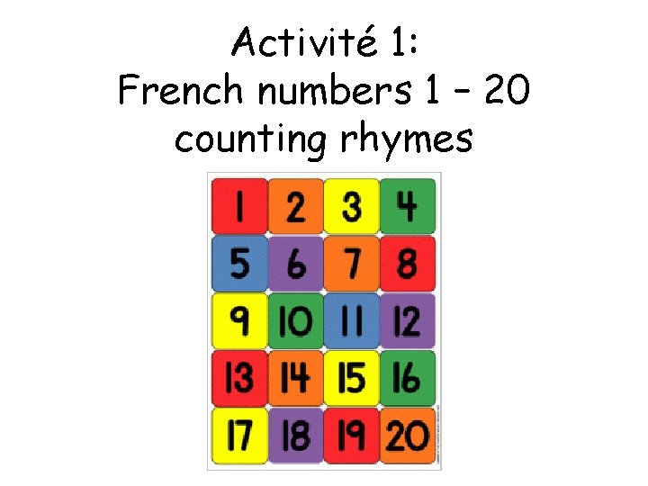 Activité 1: French numbers 1 – 20 counting rhymes 