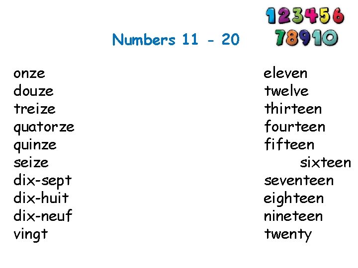 Numbers 11 - 20 onze douze treize quatorze quinze seize dix-sept dix-huit dix-neuf vingt