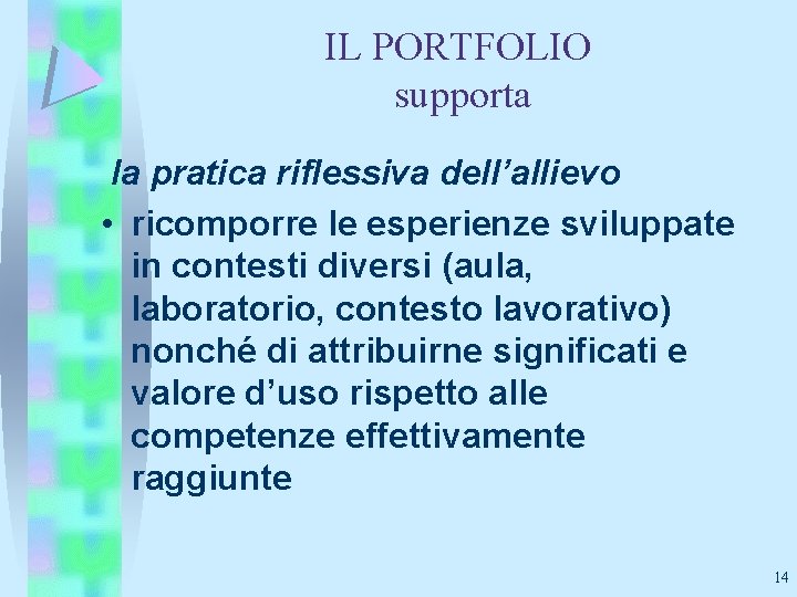 IL PORTFOLIO supporta la pratica riflessiva dell’allievo • ricomporre le esperienze sviluppate in contesti