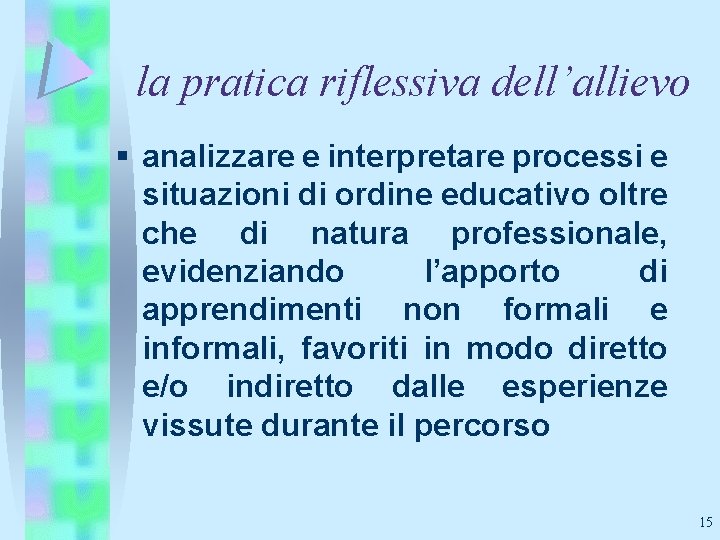 la pratica riflessiva dell’allievo § analizzare e interpretare processi e situazioni di ordine educativo