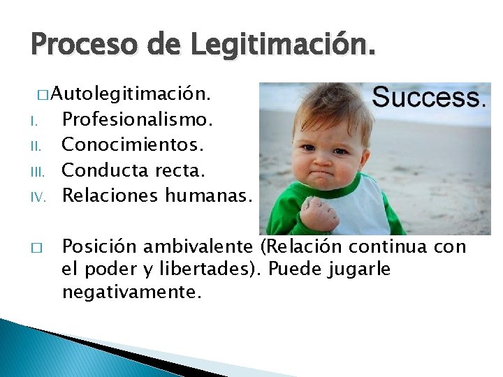 Proceso de Legitimación. � Autolegitimación. I. III. IV. � Profesionalismo. Conocimientos. Conducta recta. Relaciones