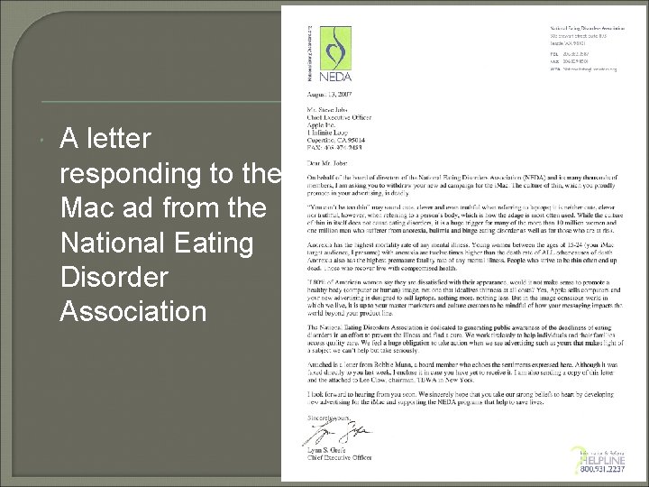  A letter responding to the Mac ad from the National Eating Disorder Association
