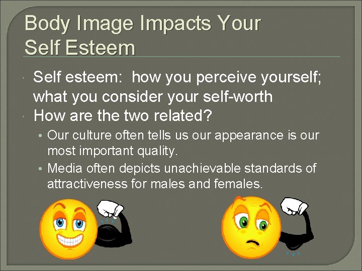 Body Image Impacts Your Self Esteem Self esteem: how you perceive yourself; what you