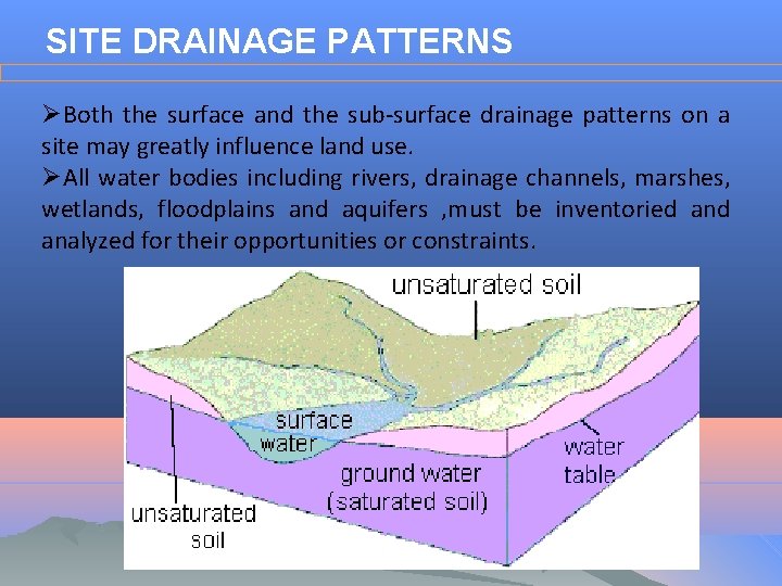 SITE DRAINAGE PATTERNS ØBoth the surface and the sub-surface drainage patterns on a site