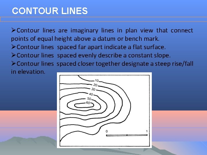 CONTOUR LINES ØContour lines are imaginary lines in plan view that connect points of