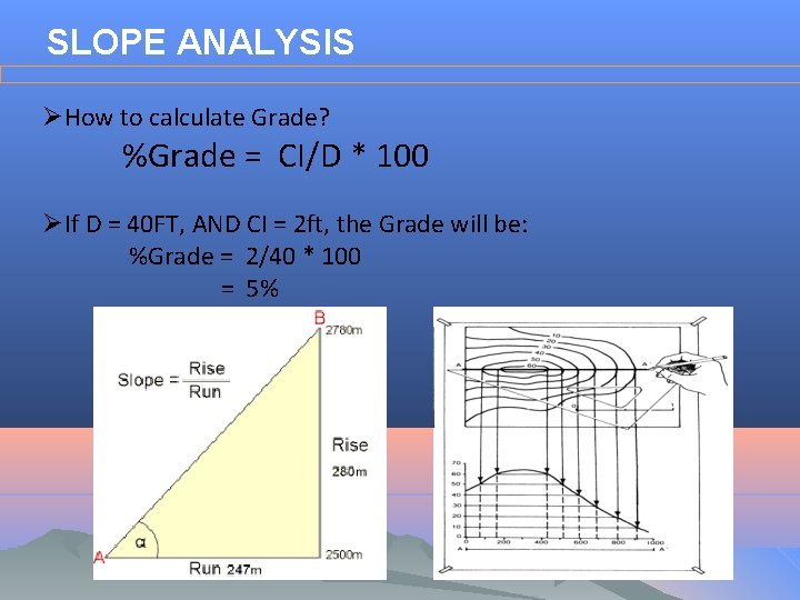 SLOPE ANALYSIS ØHow to calculate Grade? %Grade = CI/D * 100 ØIf D =