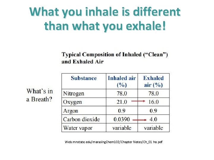 What you inhale is different than what you exhale! Web. mnstate. edu/marasing. Chem 102/Chapter What you inhale is different than what you exhale! Web. mnstate. edu/marasing. Chem 102/Chapter