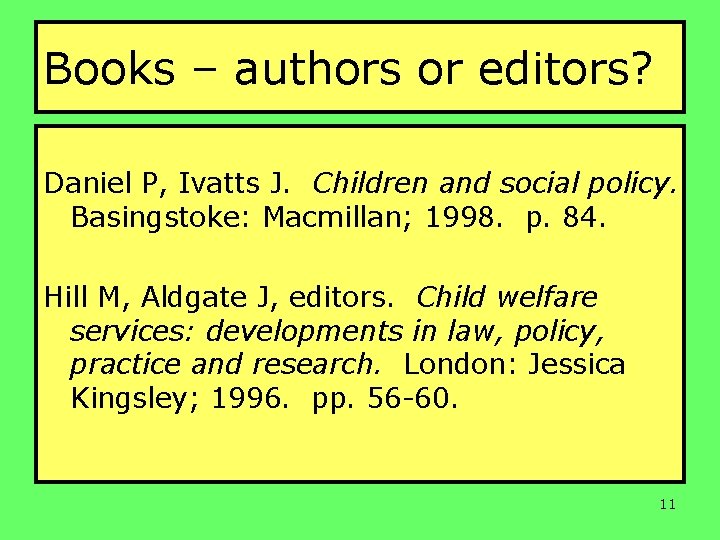 Books – authors or editors? Daniel P, Ivatts J. Children and social policy. Basingstoke: