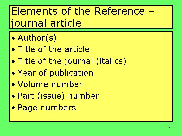 Elements of the Reference – journal article • Author(s) • Title of the article