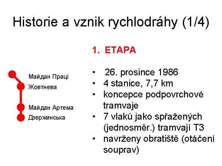 Historie a vznik rychlodráhy (1/4) 1. ETAPA Майдан Праці Жовтнева Майдан Артема Дзержинська •