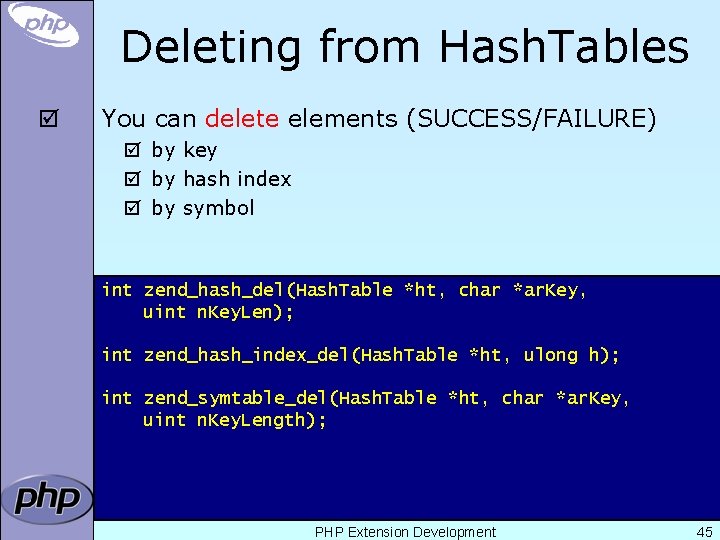 Deleting from Hash. Tables þ You can delete elements (SUCCESS/FAILURE) þ by key þ