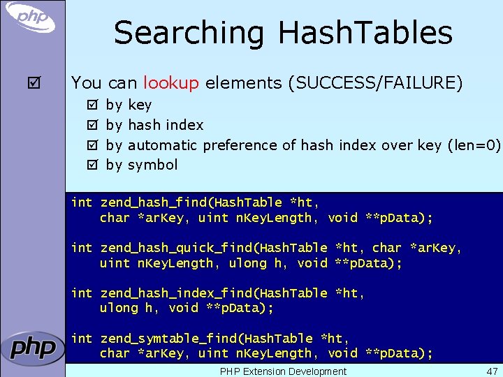 Searching Hash. Tables þ You can lookup elements (SUCCESS/FAILURE) þ þ by by key