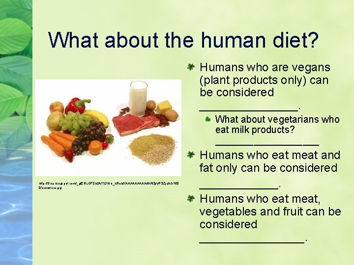 What about the human diet? Humans who are vegans (plant products only) can be