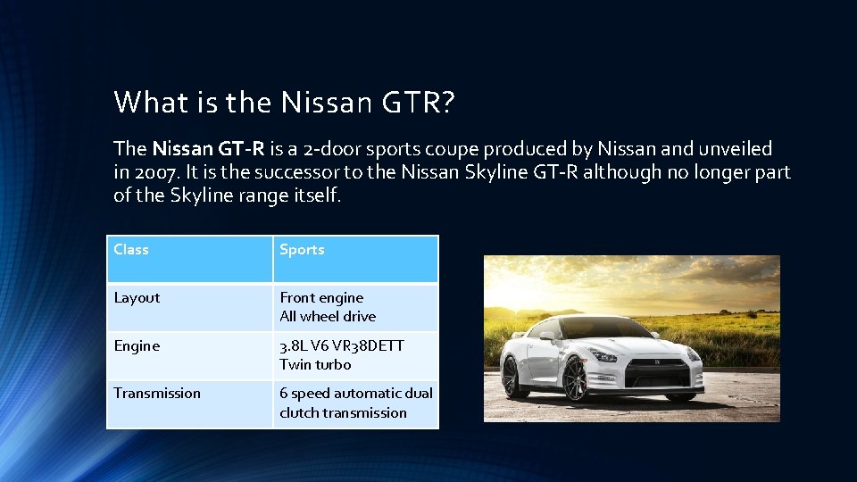 What is the Nissan GTR? The Nissan GT-R is a 2 -door sports coupe