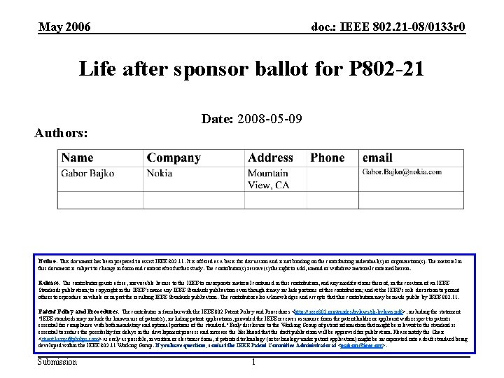 May 2006 doc. : IEEE 802. 21 -08/0133 r 0 Life after sponsor ballot
