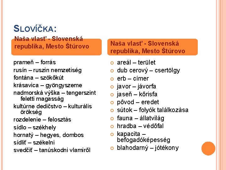 SLOVÍČKA: Naša vlasť - Slovenská republika, Mesto Štúrovo prameň – forrás rusín – ruszin