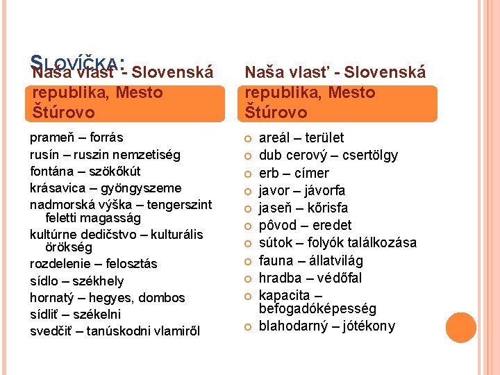 S LOVÍČKA Naša vlasť : - Slovenská republika, Mesto Štúrovo prameň – forrás rusín