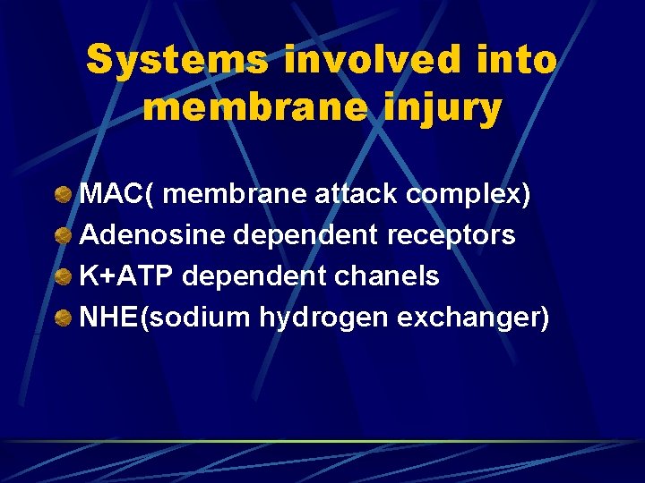 Systems involved into membrane injury MAC( membrane attack complex) Adenosine dependent receptors K+ATP dependent