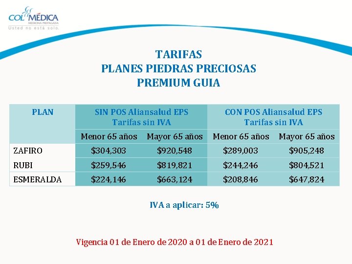 TARIFAS PLANES PIEDRAS PRECIOSAS PREMIUM GUIA PLAN SIN POS Aliansalud EPS Tarifas sin IVA