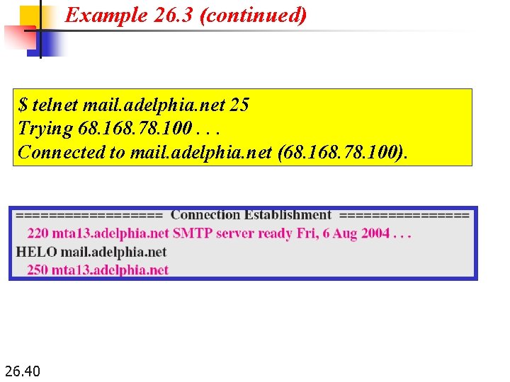 Example 26. 3 (continued) $ telnet mail. adelphia. net 25 Trying 68. 168. 78.