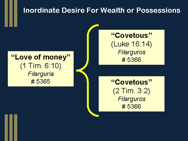 Inordinate Desire For Wealth or Possessions “Covetous” (Luke 16: 14) “Love of money” (1