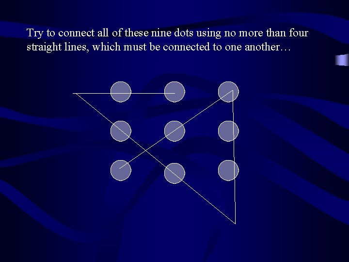 Try to connect all of these nine dots using no more than four straight