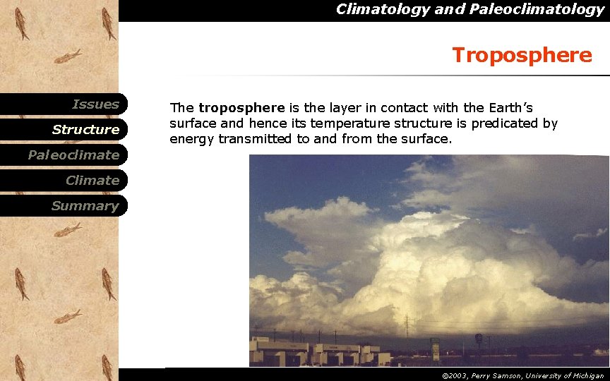 Climatology and Paleoclimatology Troposphere Issues Structure The troposphere is the layer in contact with Climatology and Paleoclimatology Troposphere Issues Structure The troposphere is the layer in contact with