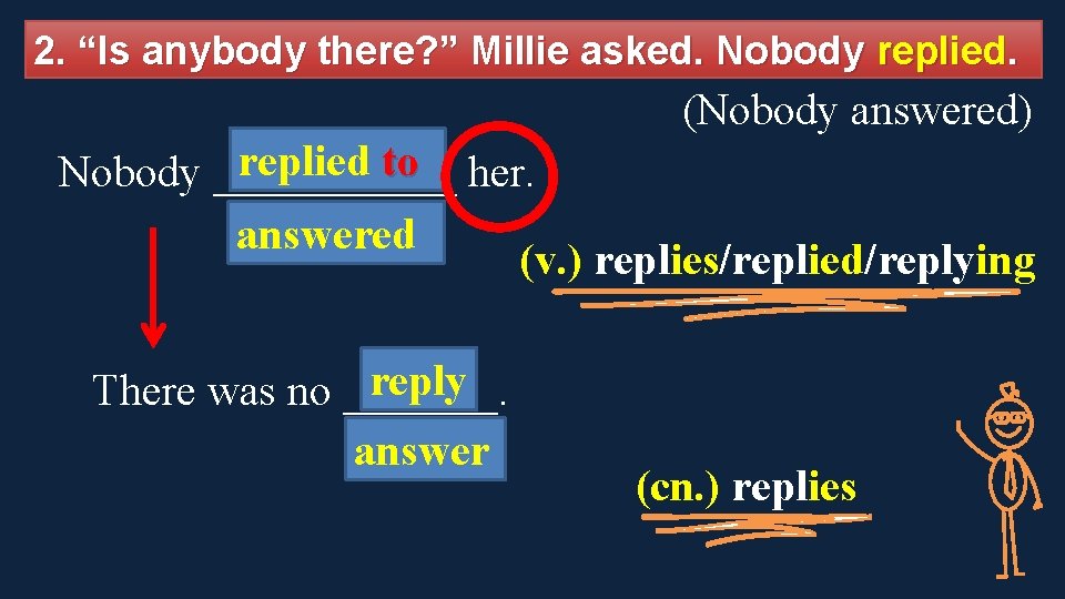 2. “Is anybody there? ” Millie asked. Nobody replied. (Nobody answered) replied to her.