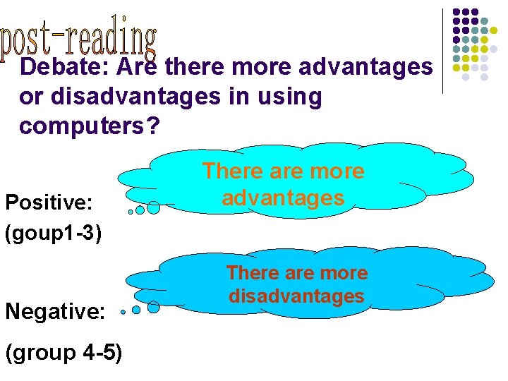 Debate: Are there more advantages or disadvantages in using computers? Positive: (goup 1 -3)