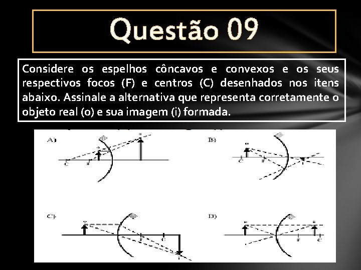 Questão 09 Considere os espelhos côncavos e convexos e os seus respectivos focos (F)