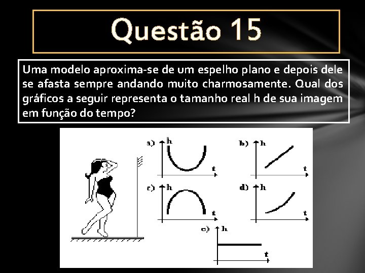 Questão 15 Uma modelo aproxima-se de um espelho plano e depois dele se afasta