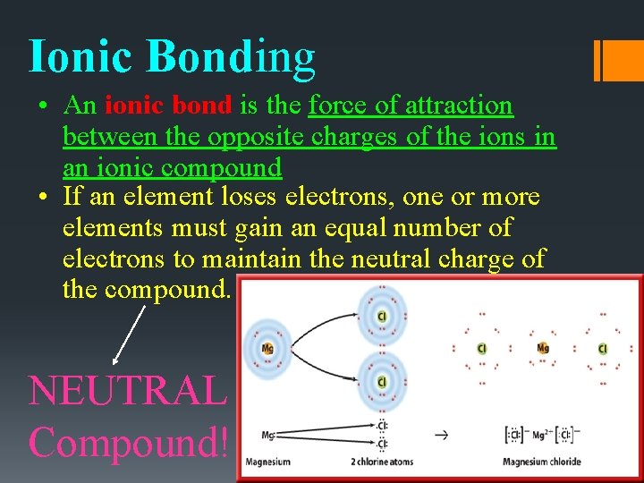 Ionic Bonding • An ionic bond is the force of attraction between the opposite