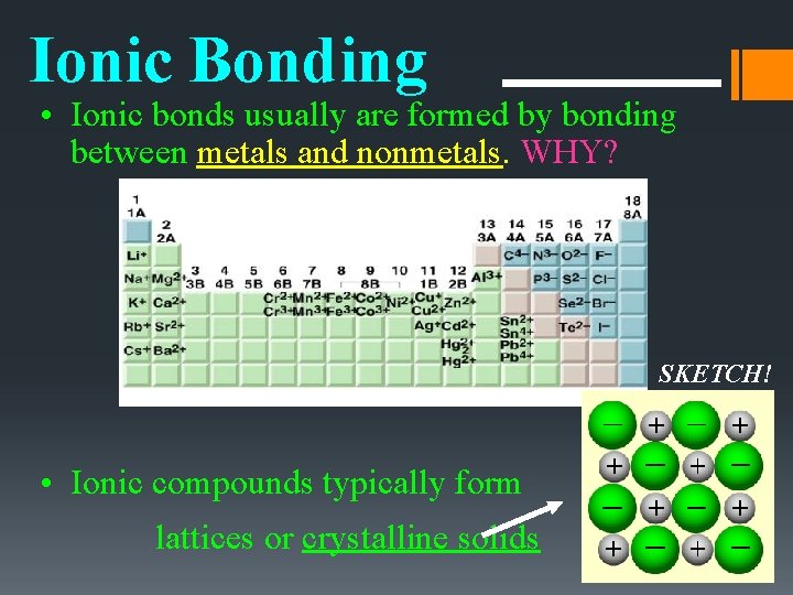 Ionic Bonding • Ionic bonds usually are formed by bonding between metals and nonmetals.