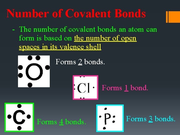 Number of Covalent Bonds - The number of covalent bonds an atom can form