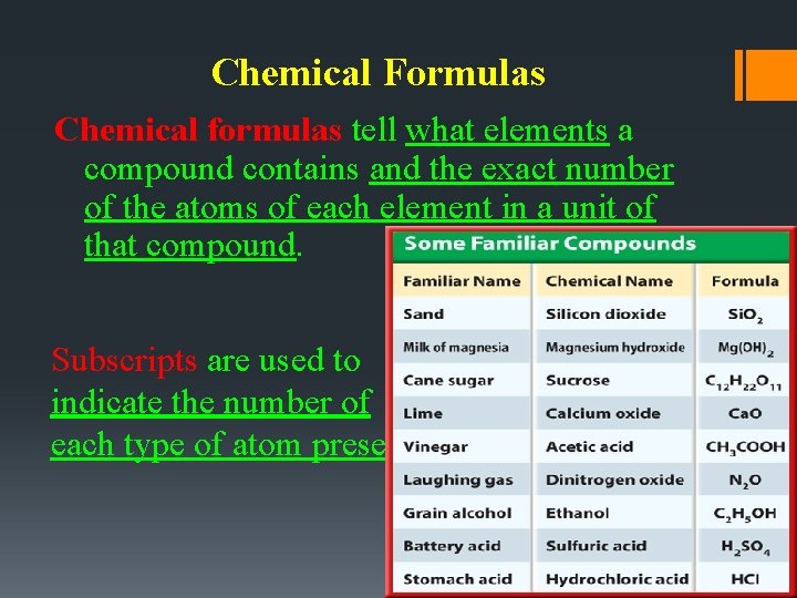 Chemical Formulas Chemical formulas tell what elements a compound contains and the exact number