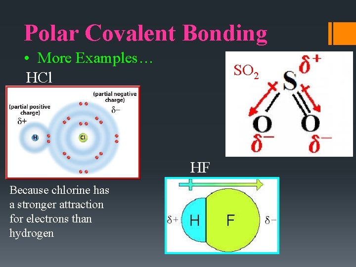 Polar Covalent Bonding • More Examples… HCl SO 2 HF Because chlorine has a