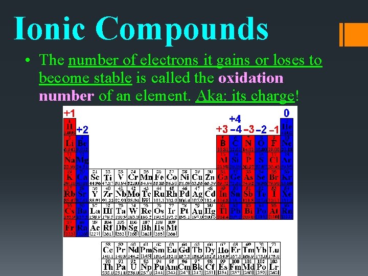 Ionic Compounds • The number of electrons it gains or loses to become stable