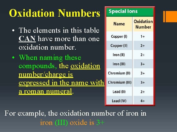 Oxidation Numbers • The elements in this table CAN have more than one oxidation