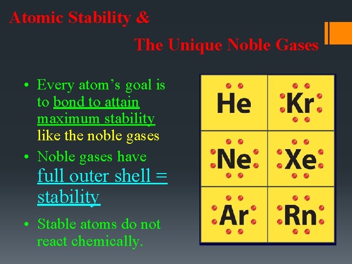 Atomic Stability & The Unique Noble Gases • Every atom’s goal is to bond